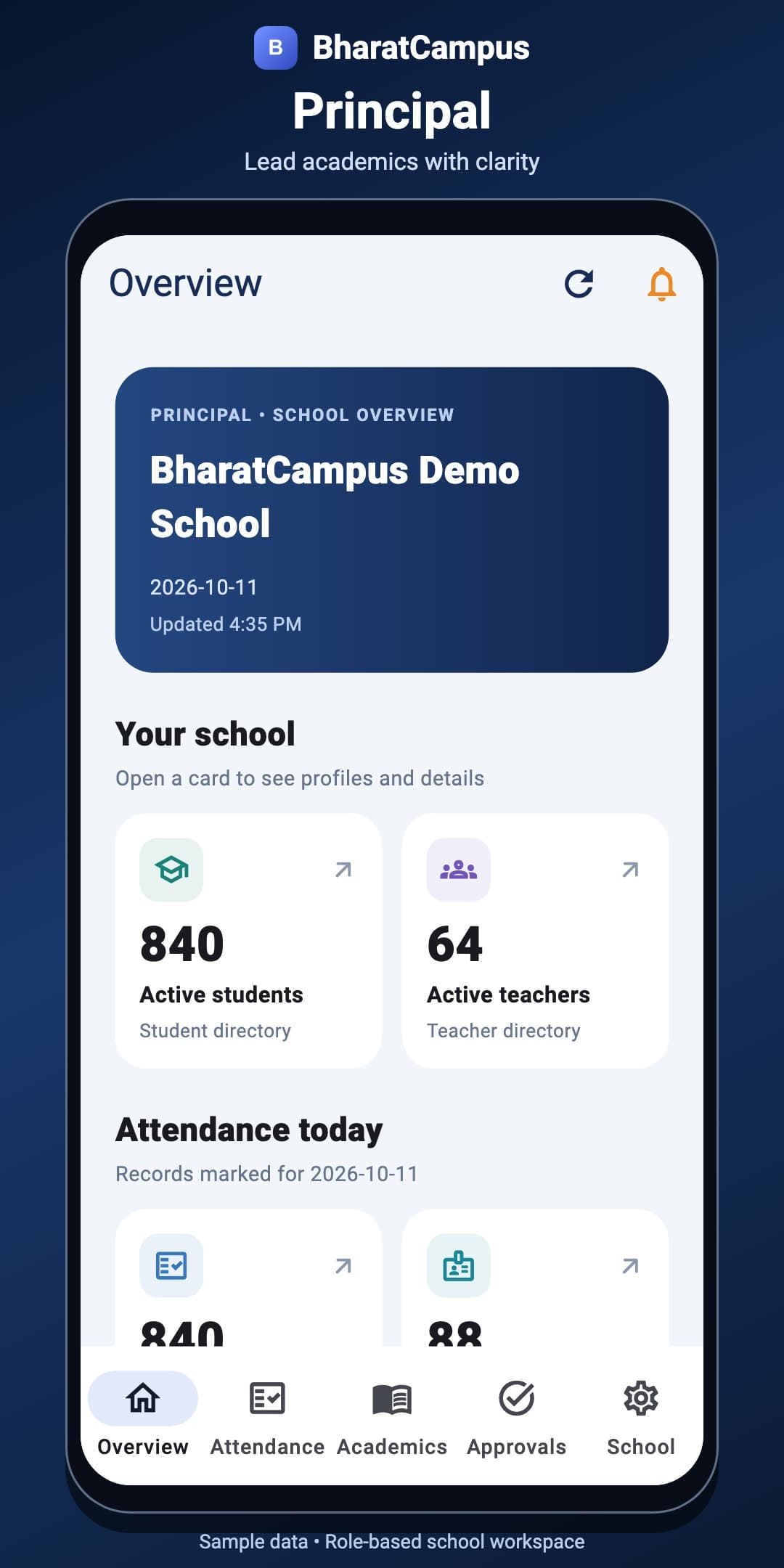 BharatCampus OS principal mobile dashboard with sample school data