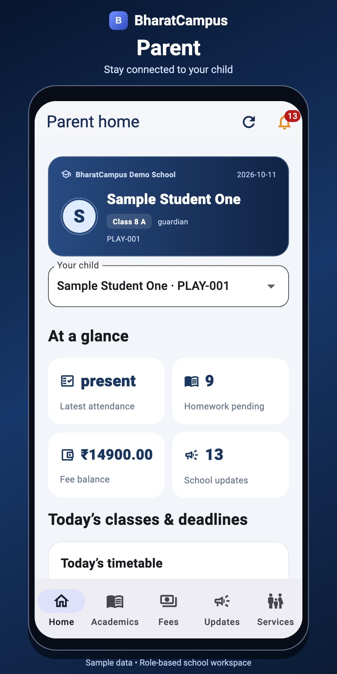 Parent app dashboard using sample child data
