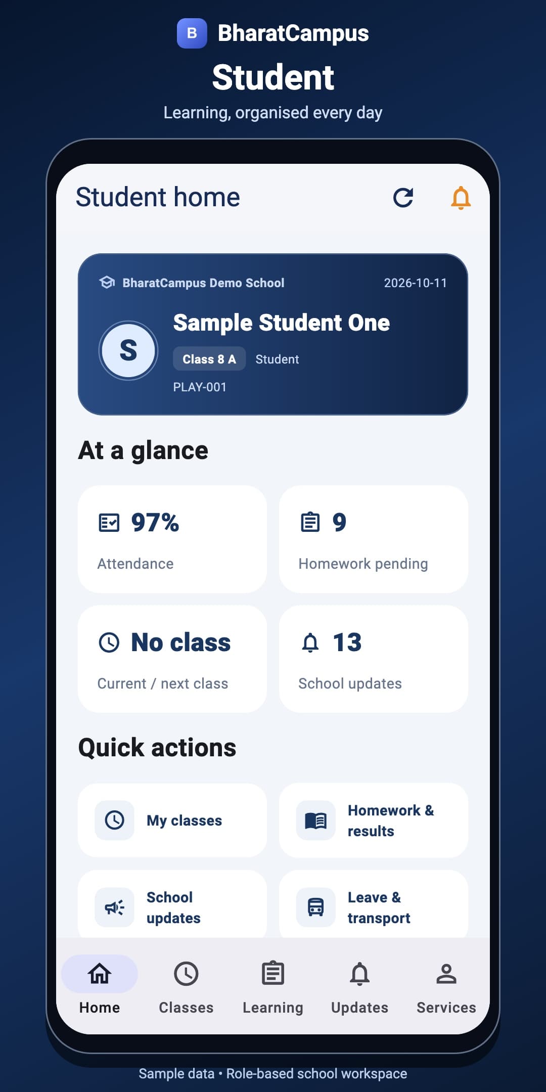 BharatCampus OS student mobile dashboard with sample school data